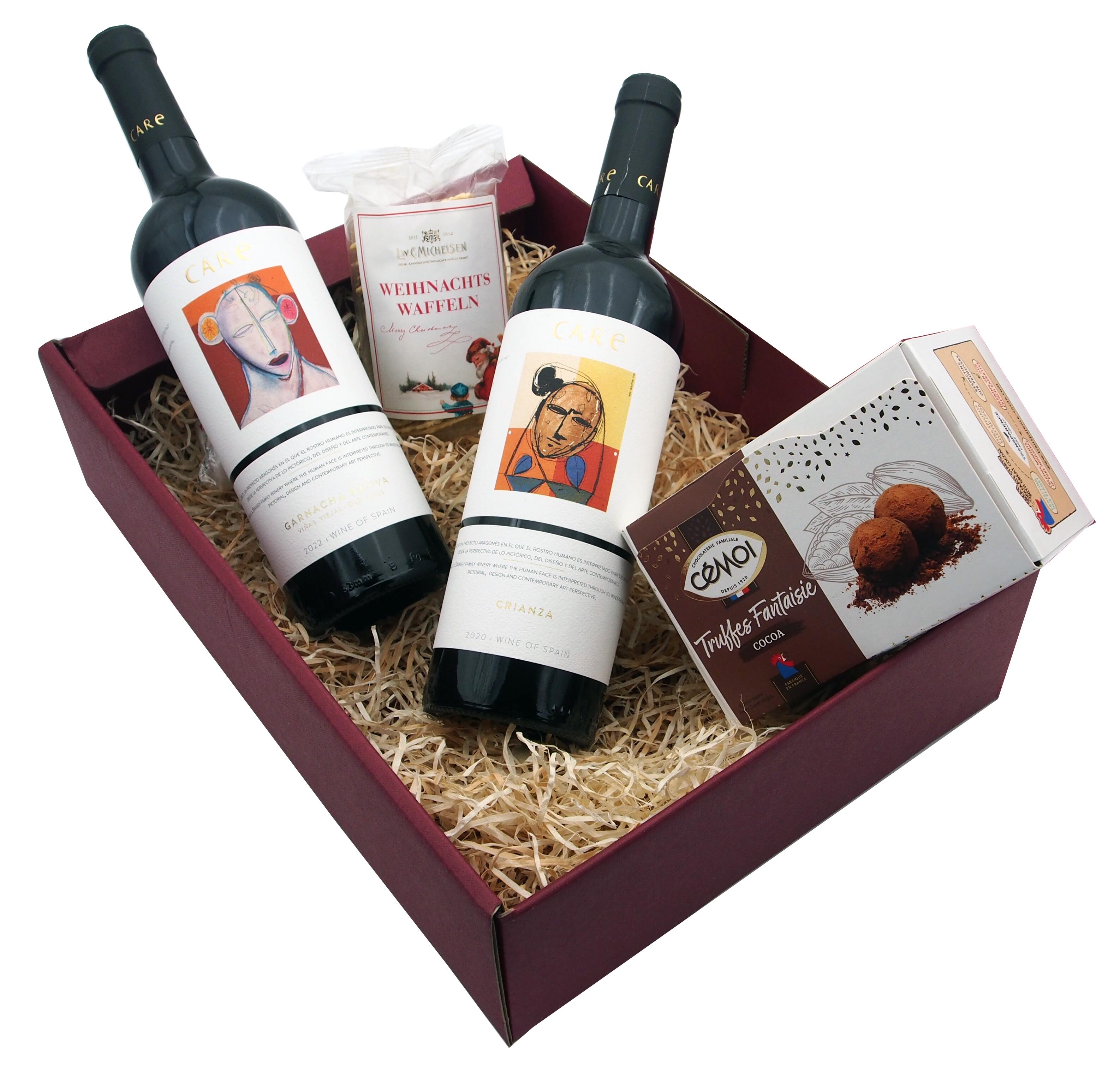 Weinpräsent Bodegas Care Garnacha & Crianza, Weihnachtswaffeln und Truffes