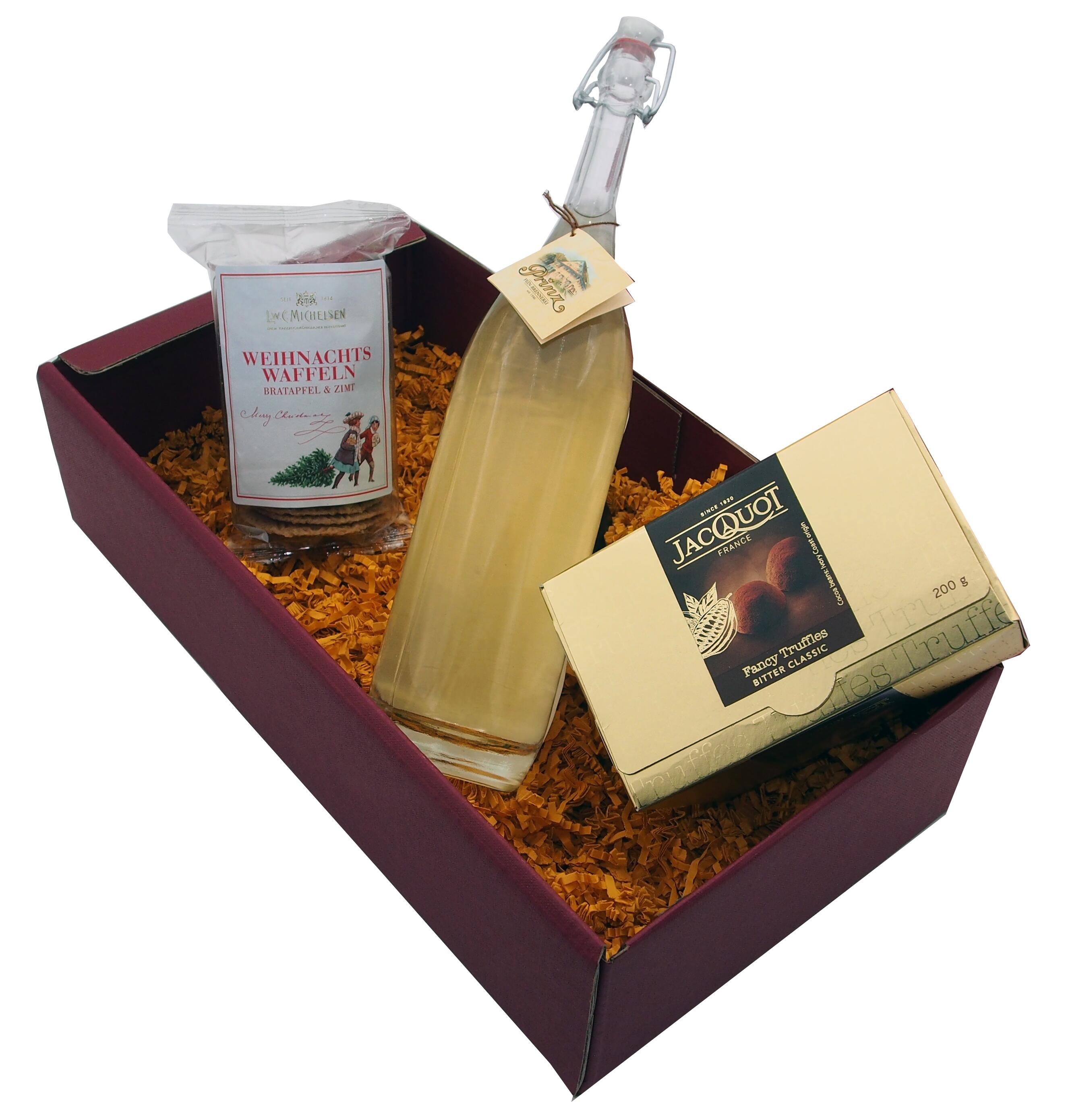 Präsent mit Prinz Alter Marille (0.5L), Fancy Truffes und Weihnachtswaffeln - Bratapfel & Zimt