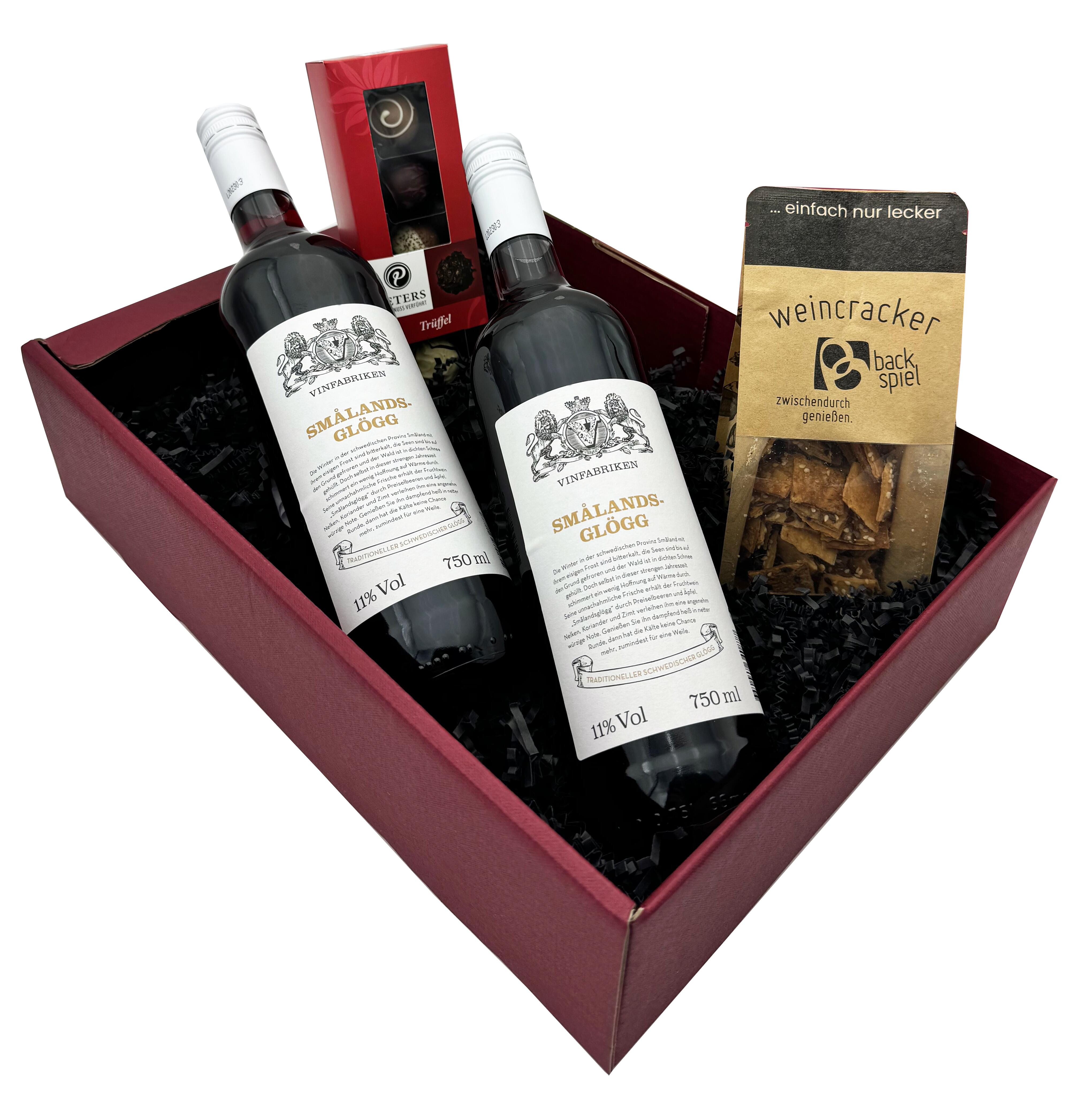 Weinpräsent mit schwedischem Smalands Glögg, Weincrackern und Trüffelpralinen