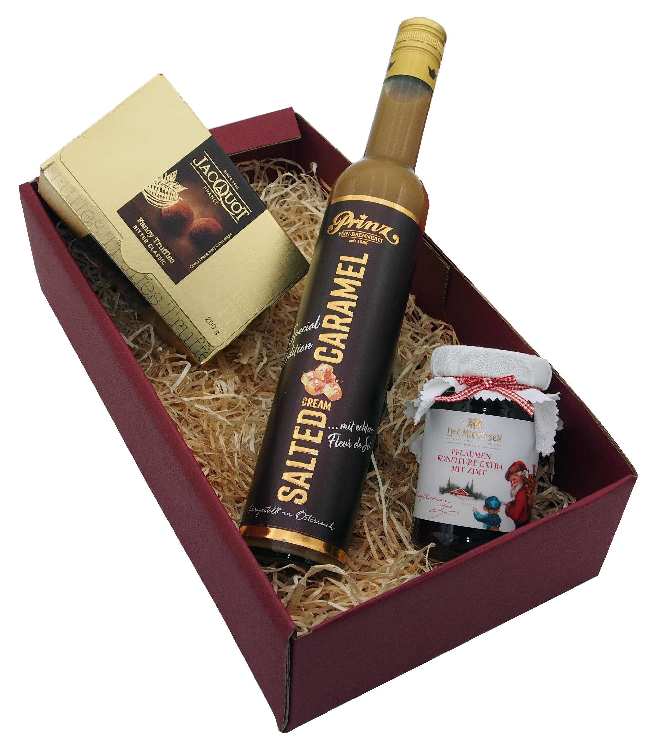 Weinpräsent mit Prinz Salted Caramel Likör, Pflaumen Konfitüre und Fancy Truffes