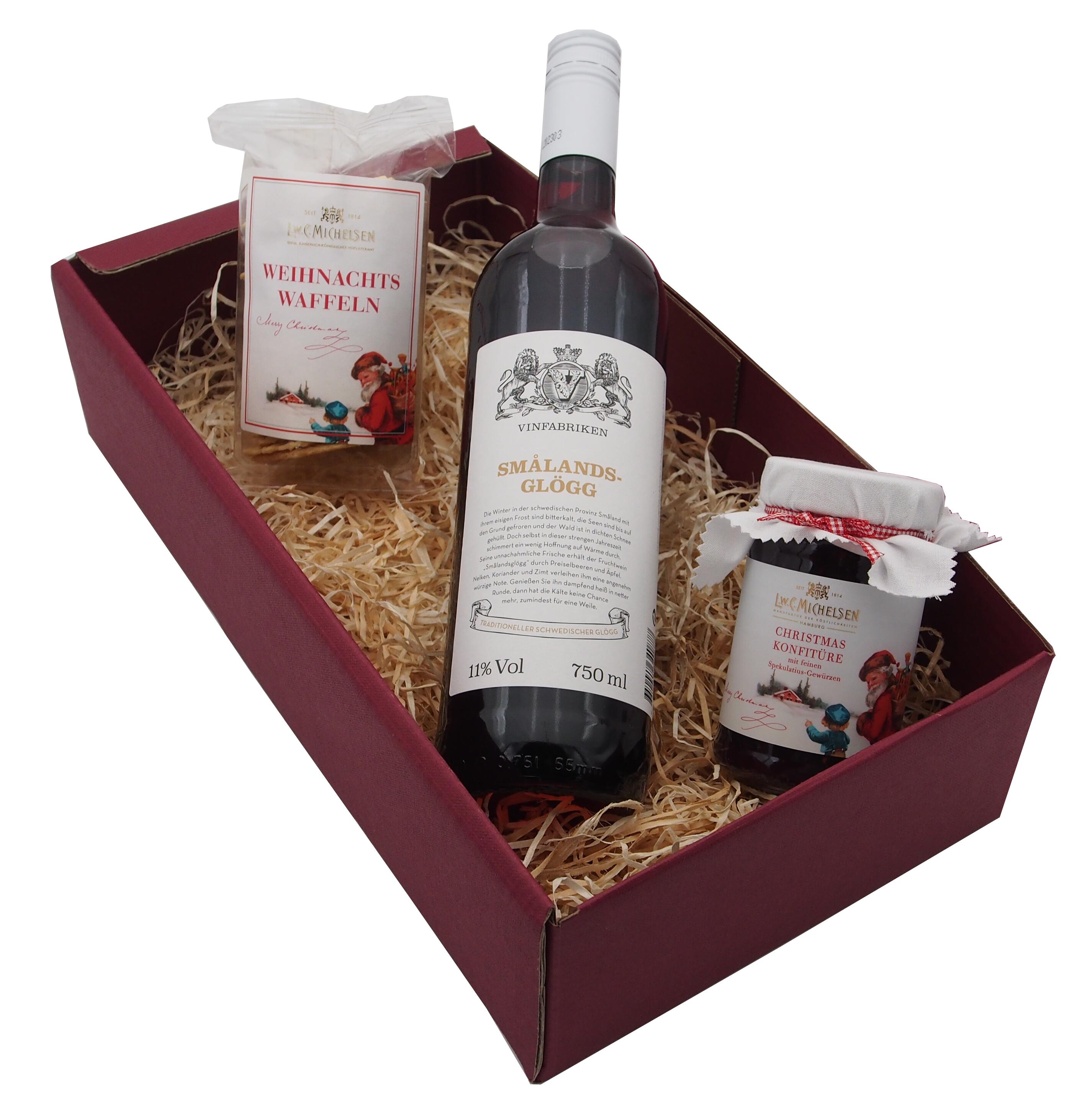Weinpräsent mit schwedischem Smalands Glögg, Christmas Konfitüre und Weihnachtswaffeln