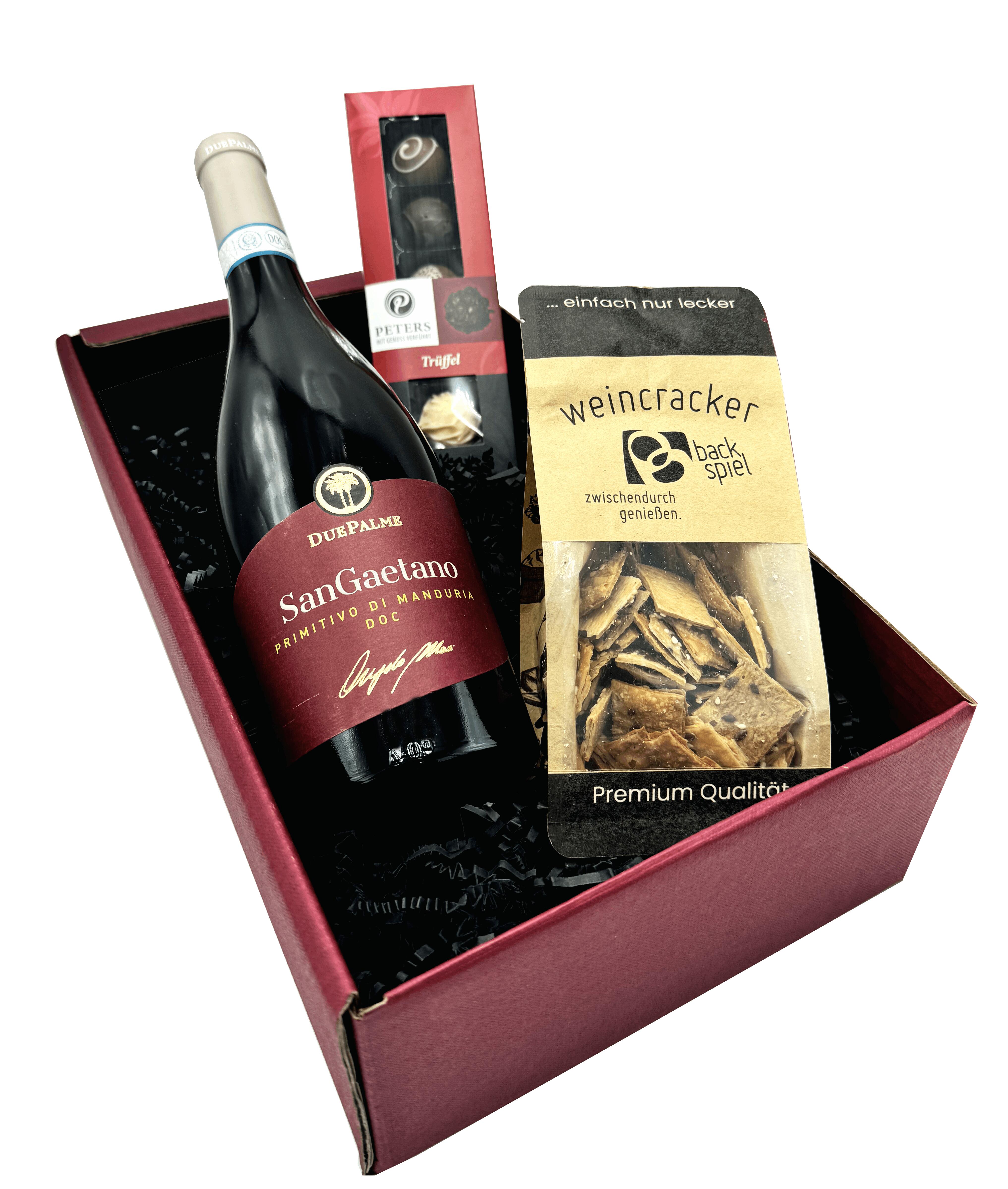 Weinpräsent mit Primitivo, Weinckracker & Trüffelpralinen